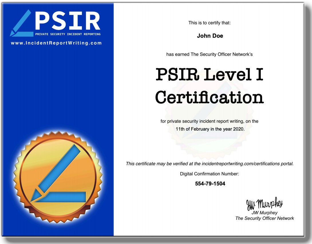 example psir level 1 certificate